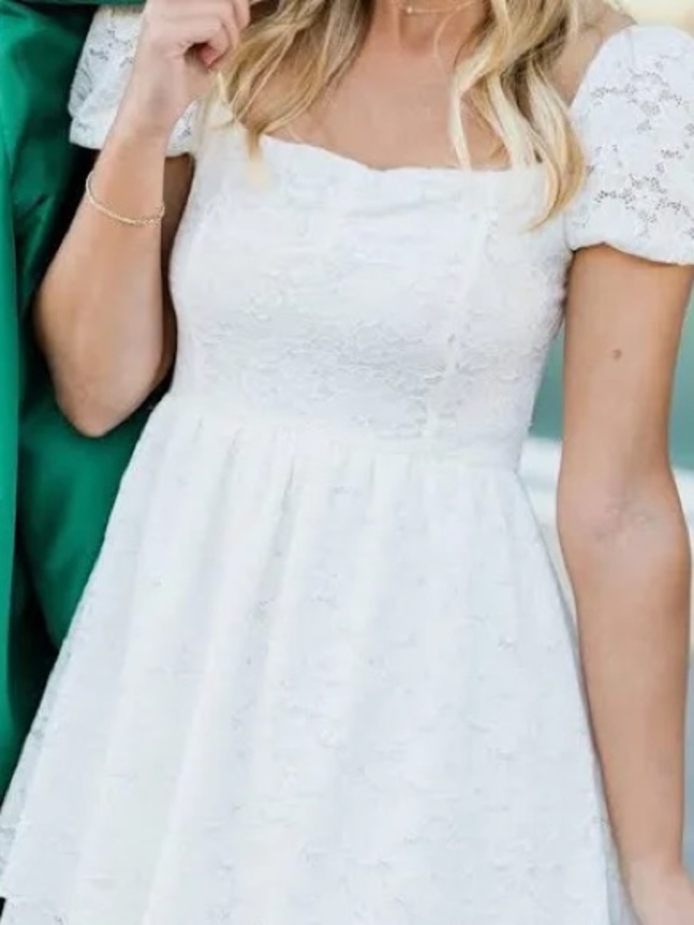 White Lace Puff-Sleeve Square Neck Dress Altard State